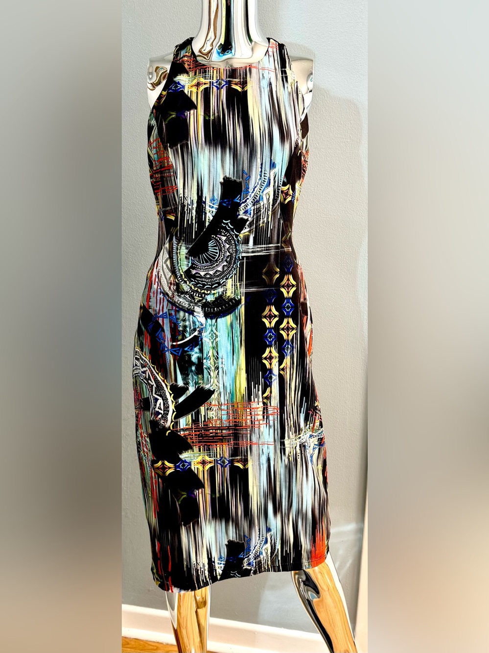 Nicole Miller Multicolor Abstract Maxi Dress in Black, Blue, Yellow, Red